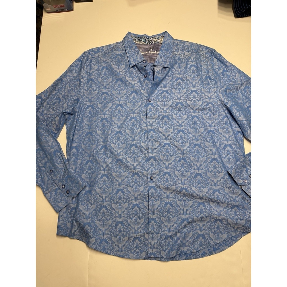 Robert Graham Men's 3XL Blue Floral Paisley Button Front Shirt Classic Fit LS